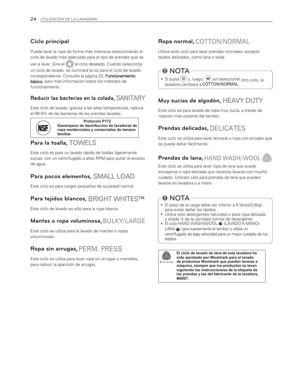 Nota, Heavy duty, Sanitary | Towels, Small load, Bright whites | LG WM3150HVC User Manual | Page 64 / 120