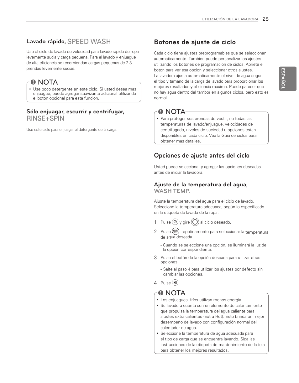 Nota, Botones de ajuste de ciclo, Opciones de ajuste antes del ciclo | Rinse+spin, Lavado rápido, Sólo enjuagar, escurrir y centrifugar, Ajuste de la temperatura del agua, wash temp | LG WM3150HVC User Manual | Page 65 / 120