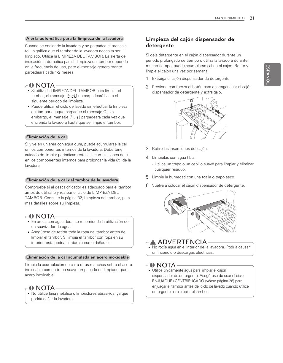 Nota, Advertencia, Limpieza del cajón dispensador de detergente | LG WM3150HVC User Manual | Page 71 / 120