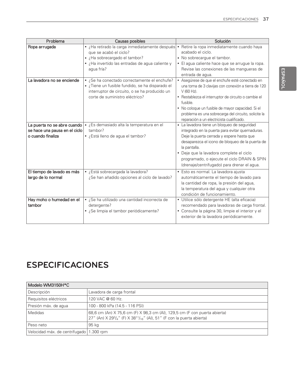 Especificaciones | LG WM3150HVC User Manual | Page 77 / 120