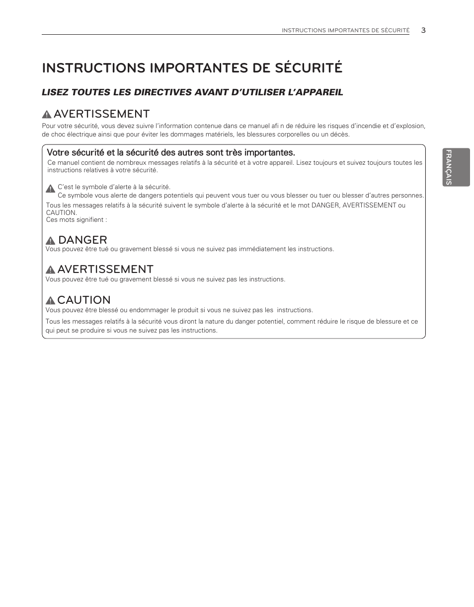 Instructions importantes de sécurité, Avertissement, Danger | Caution | LG WM3150HVC User Manual | Page 83 / 120