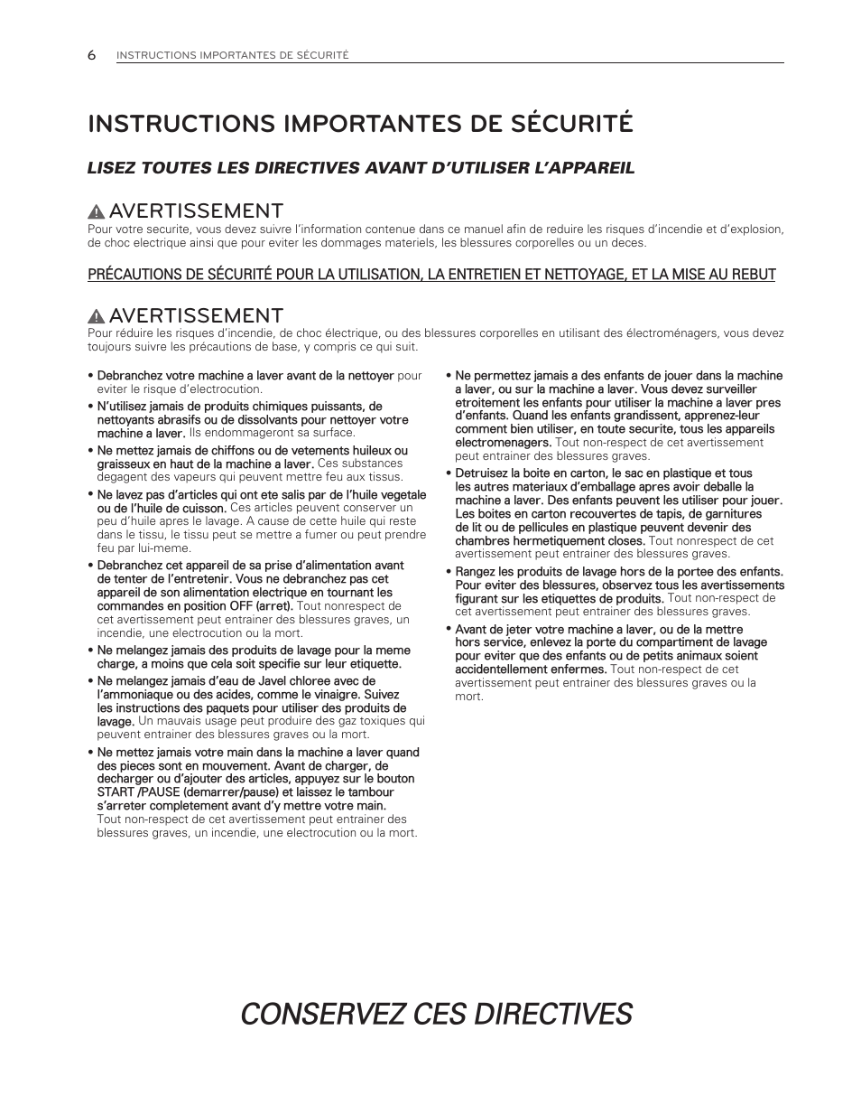 Conservez ces directives, Instructions importantes de sécurité, Avertissement | LG WM3150HVC User Manual | Page 86 / 120