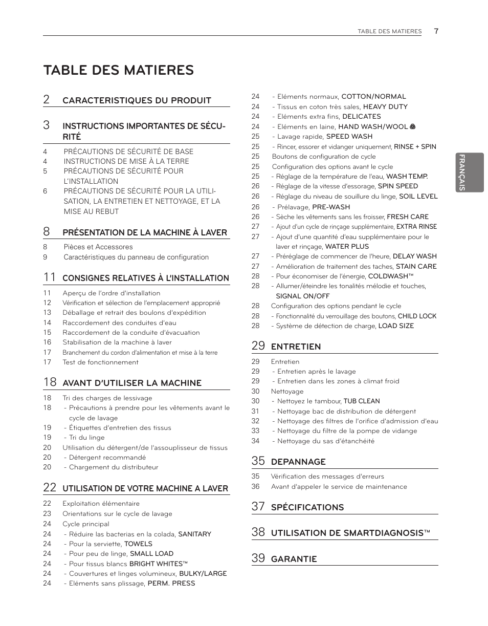 Table des matieres | LG WM3150HVC User Manual | Page 87 / 120
