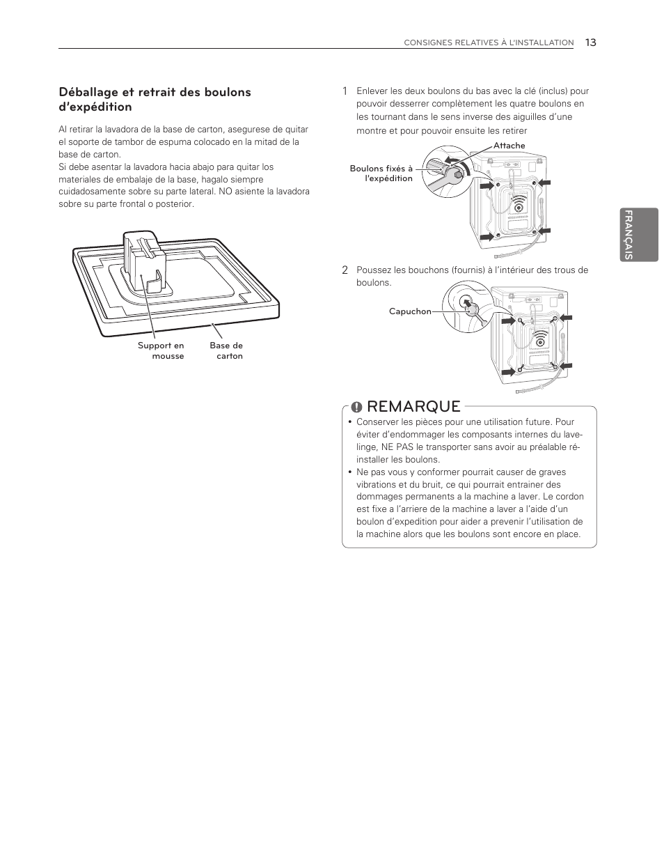 Remarque, Déballage et retrait des boulons d’expédition | LG WM3150HVC User Manual | Page 93 / 120