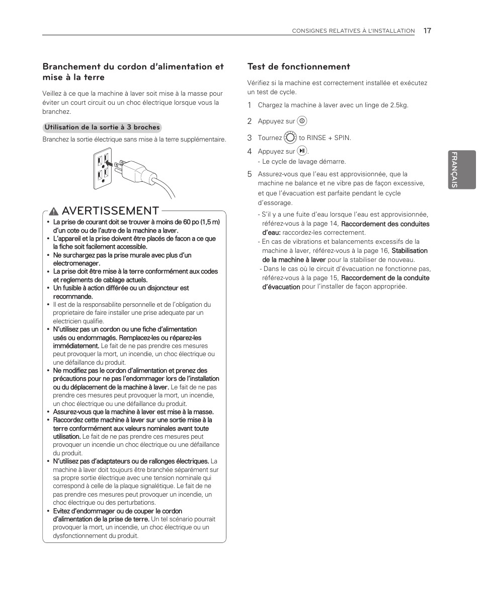 Avertissement, Test de fonctionnement | LG WM3150HVC User Manual | Page 97 / 120