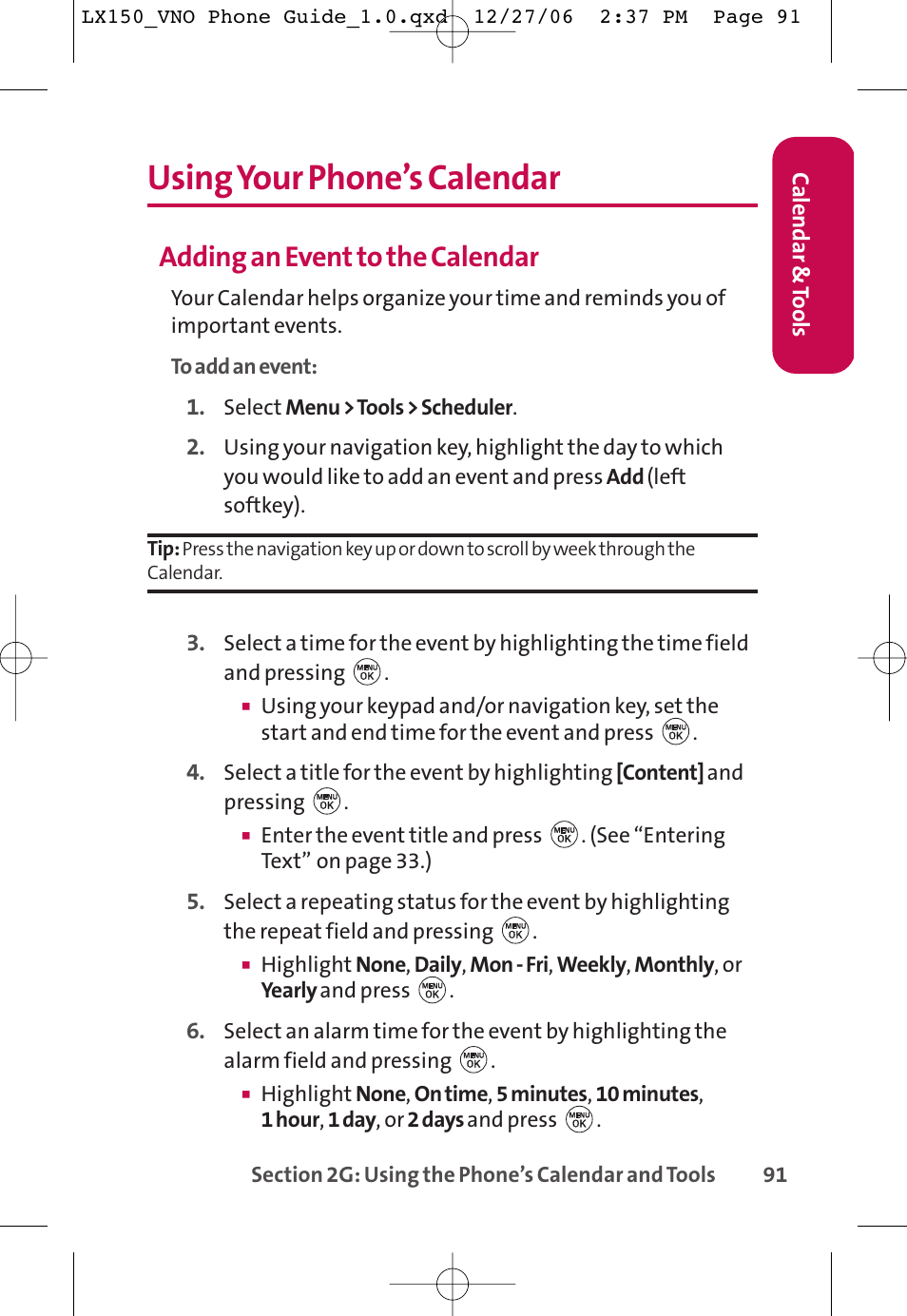 Using your phone’s calendar, Adding an event to the calendar | LG LG150 User Manual | Page 103 / 174