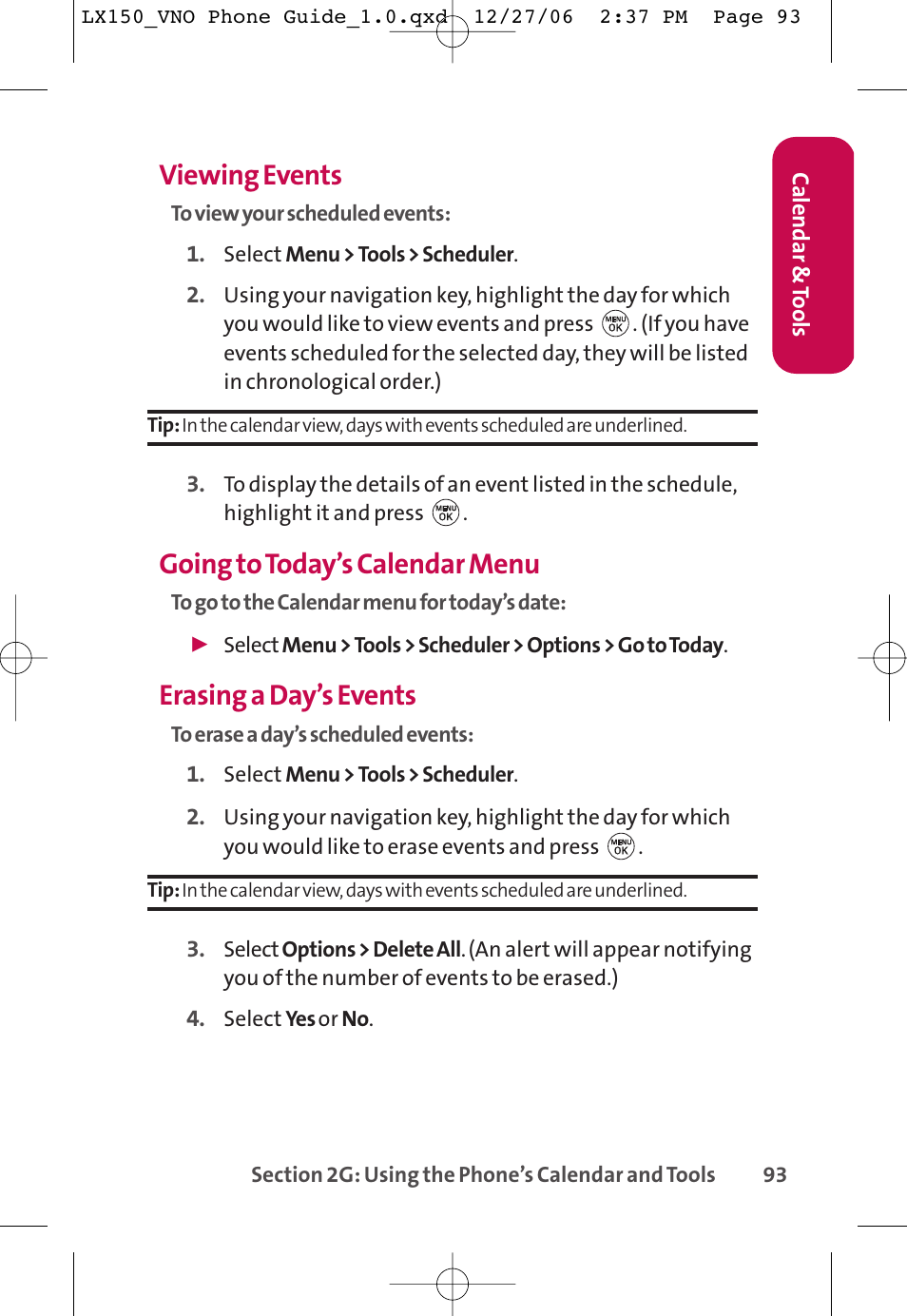 Viewing events, Going to today’s calendar menu, Erasing a day’s events | LG LG150 User Manual | Page 105 / 174