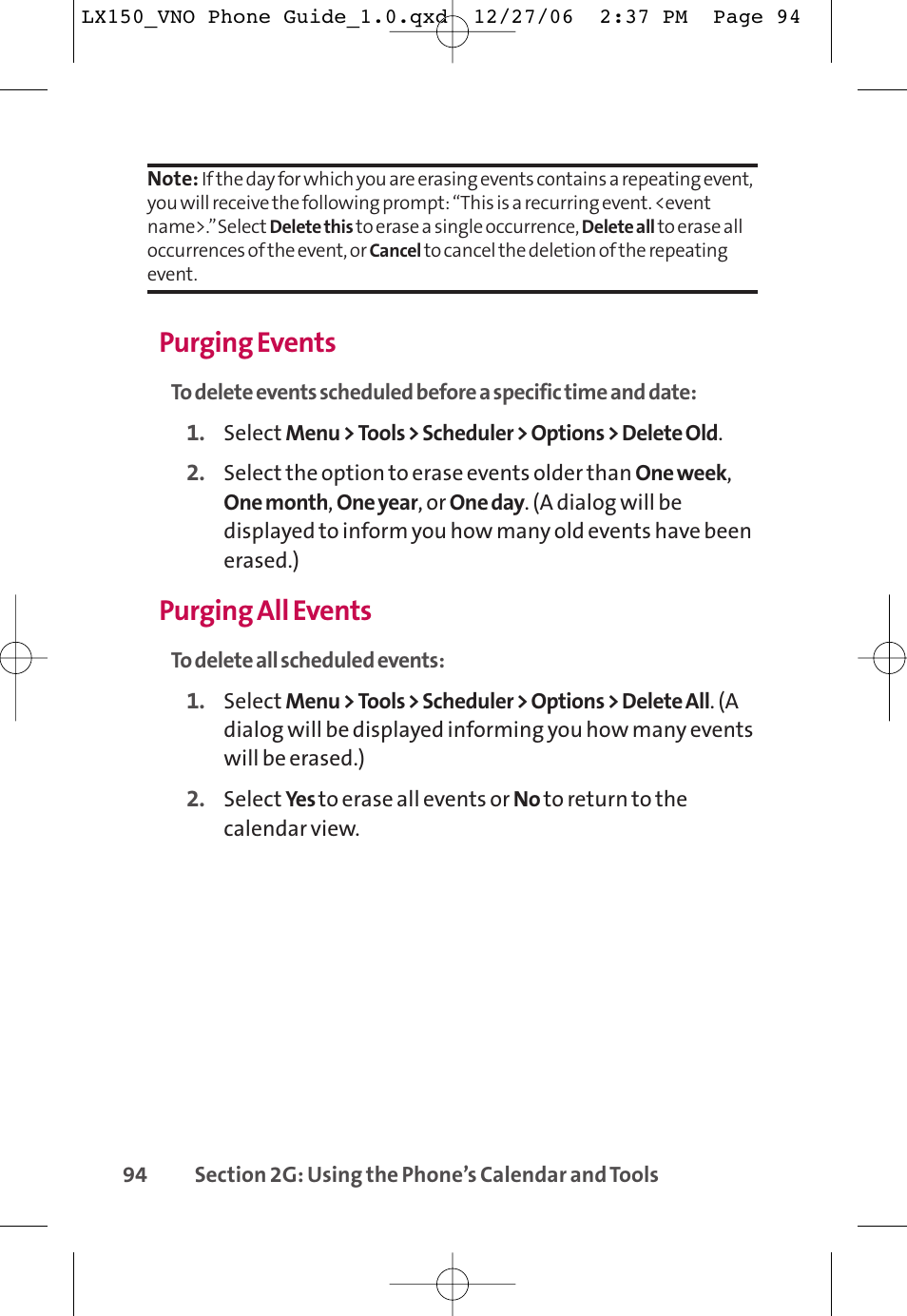 Purging events, Purging all events | LG LG150 User Manual | Page 106 / 174