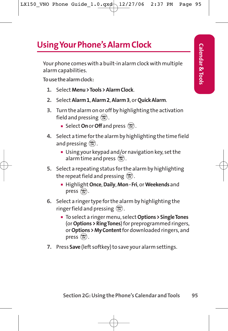 Using your phone’s alarm clock | LG LG150 User Manual | Page 107 / 174