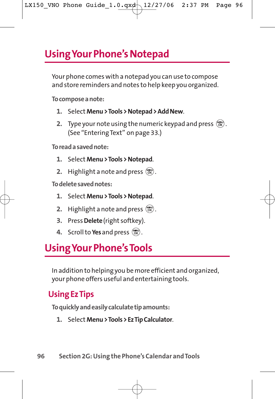 Using your phone’s tools, Using ez tips | LG LG150 User Manual | Page 108 / 174