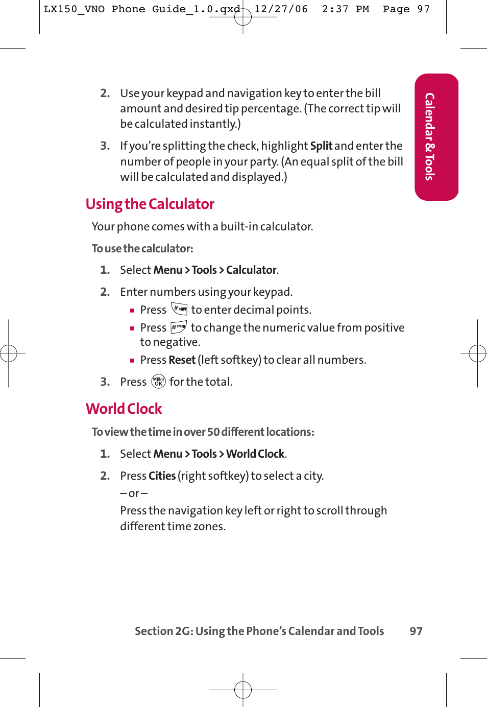 Using the calculator, World clock | LG LG150 User Manual | Page 109 / 174