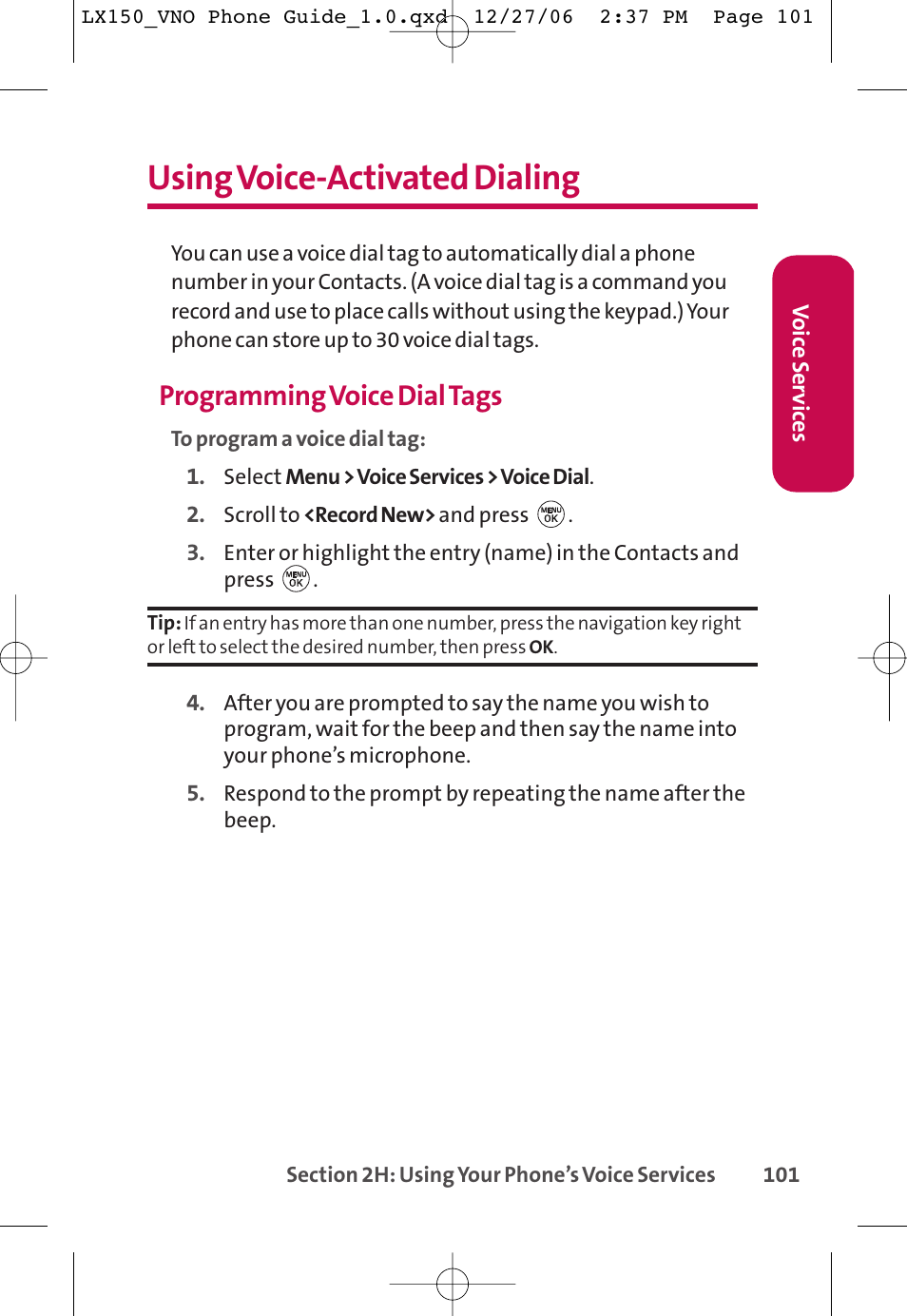 Using voice-activated dialing, Programming voice dial tags | LG LG150 User Manual | Page 113 / 174