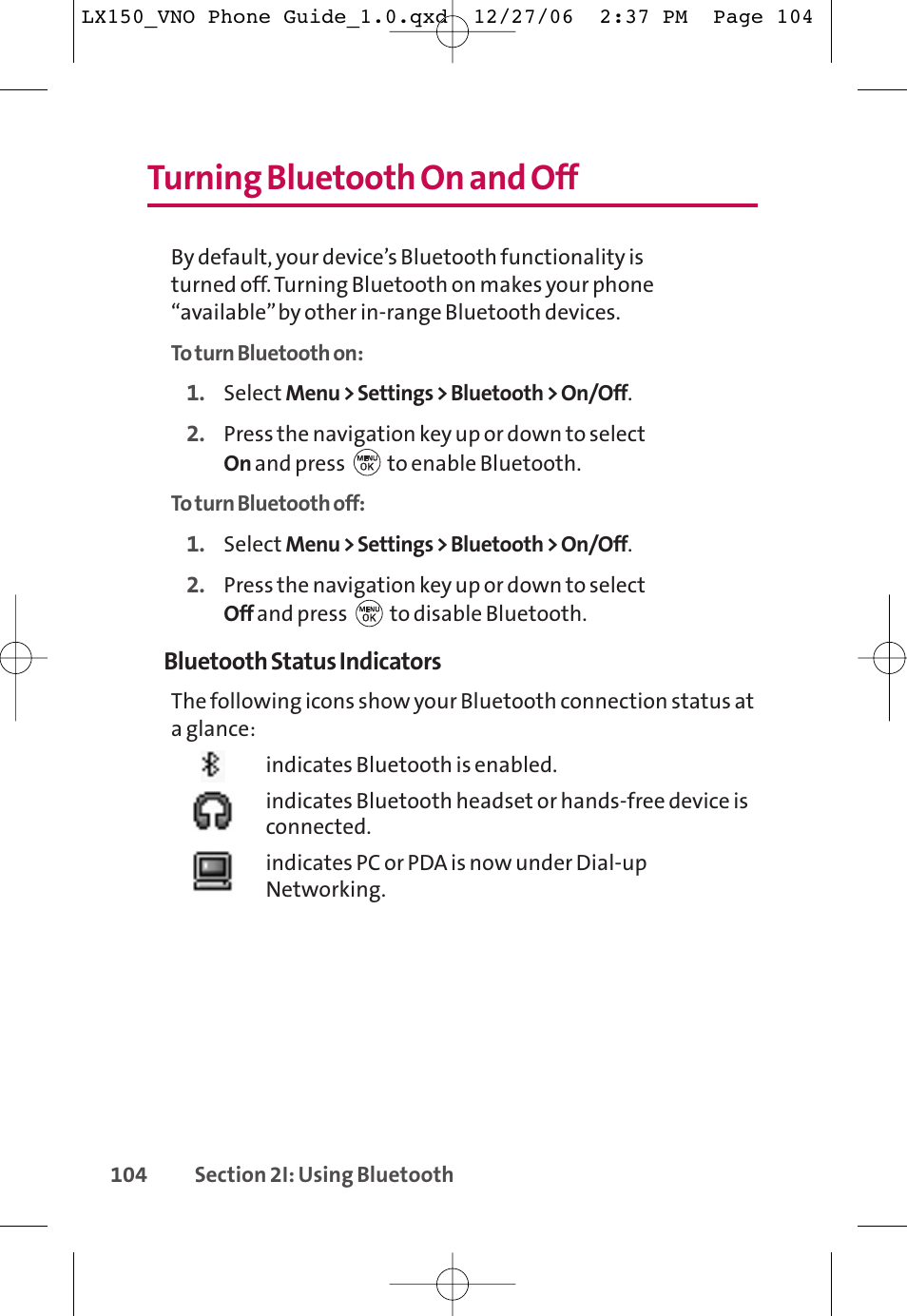 Turning bluetooth on and off | LG LG150 User Manual | Page 116 / 174