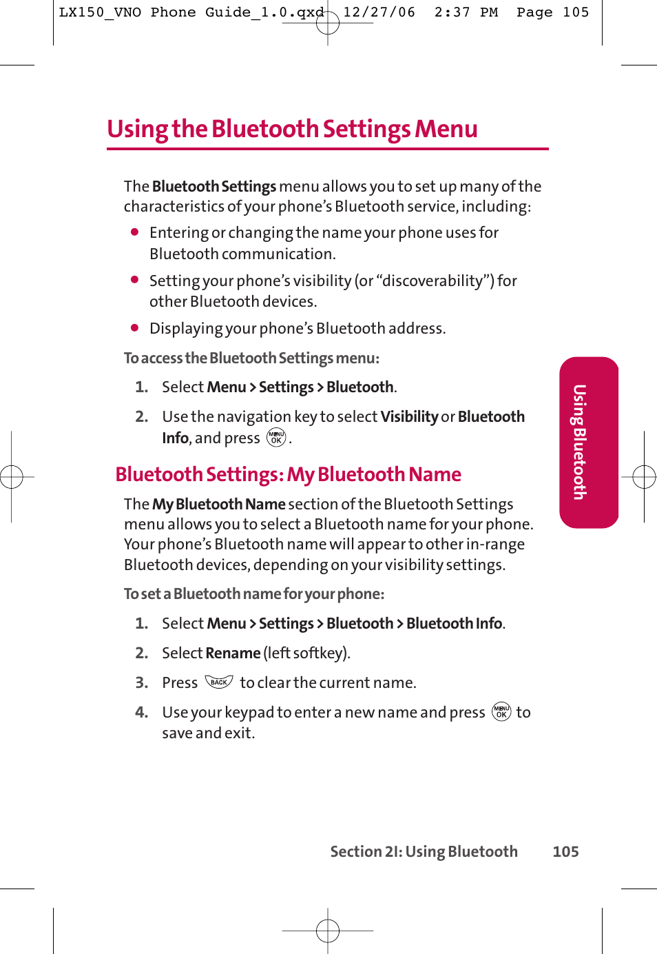 Using the bluetooth settings menu, Bluetooth settings: my bluetooth name | LG LG150 User Manual | Page 117 / 174