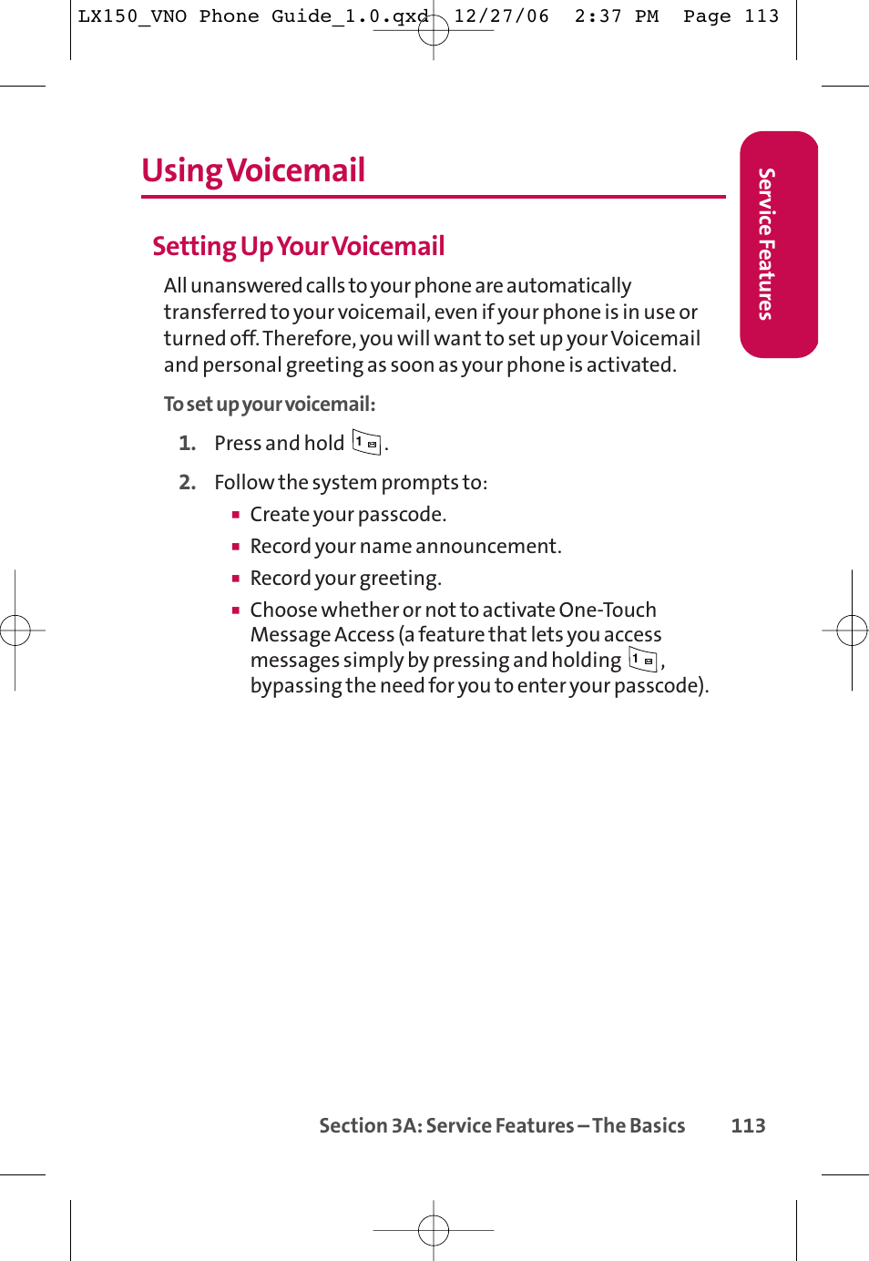 Using voicemail, Setting upyour voicemail | LG LG150 User Manual | Page 125 / 174