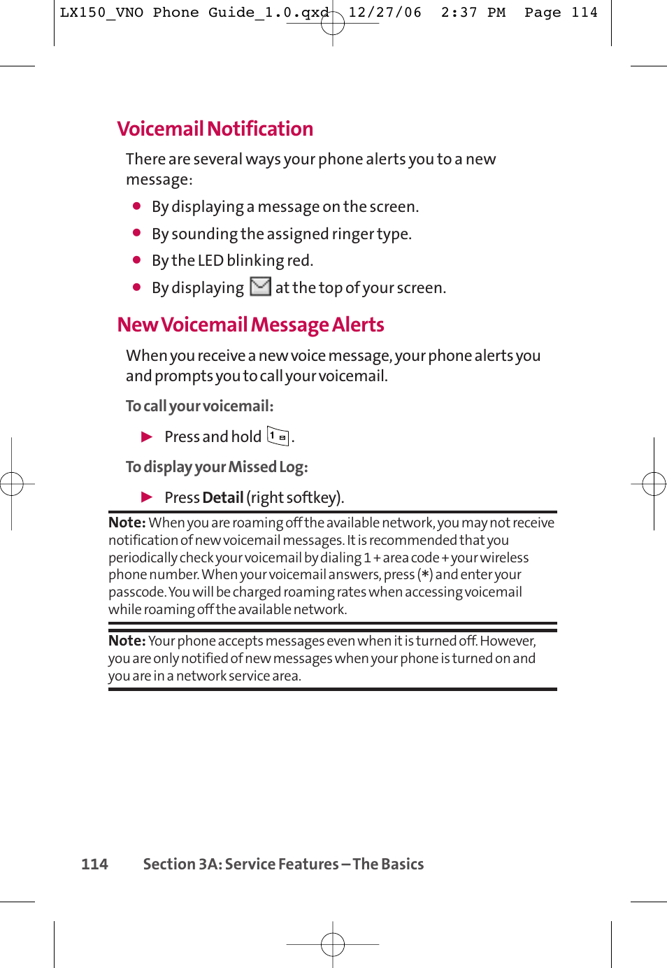 Voicemail notification, New voicemail message alerts | LG LG150 User Manual | Page 126 / 174