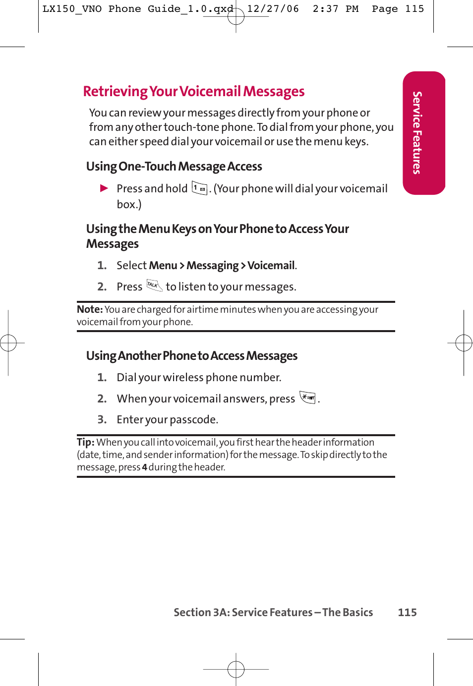 Retrievingyour voicemail messages | LG LG150 User Manual | Page 127 / 174