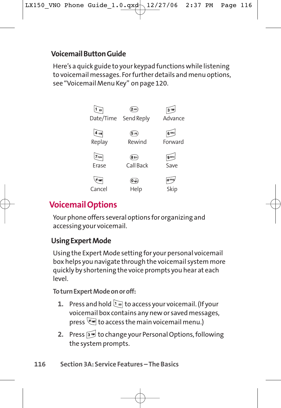 Voicemail options, Voicemail button guide, Using expert mode | LG LG150 User Manual | Page 128 / 174