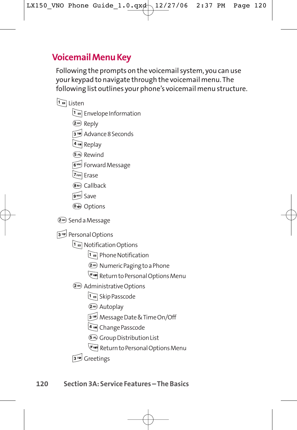 Voicemail menu key | LG LG150 User Manual | Page 132 / 174