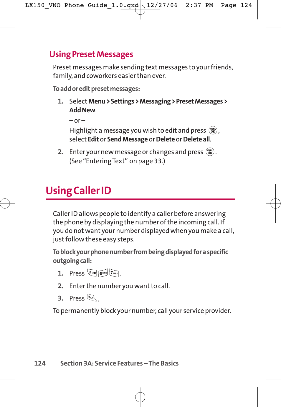 Using caller id, Using preset messages | LG LG150 User Manual | Page 136 / 174