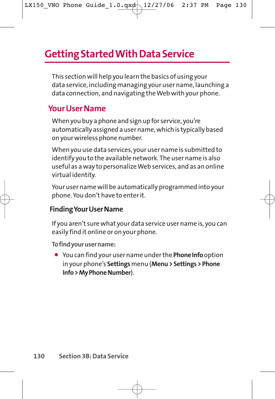 Getting started with data service, Your user name | LG LG150 User Manual | Page 142 / 174