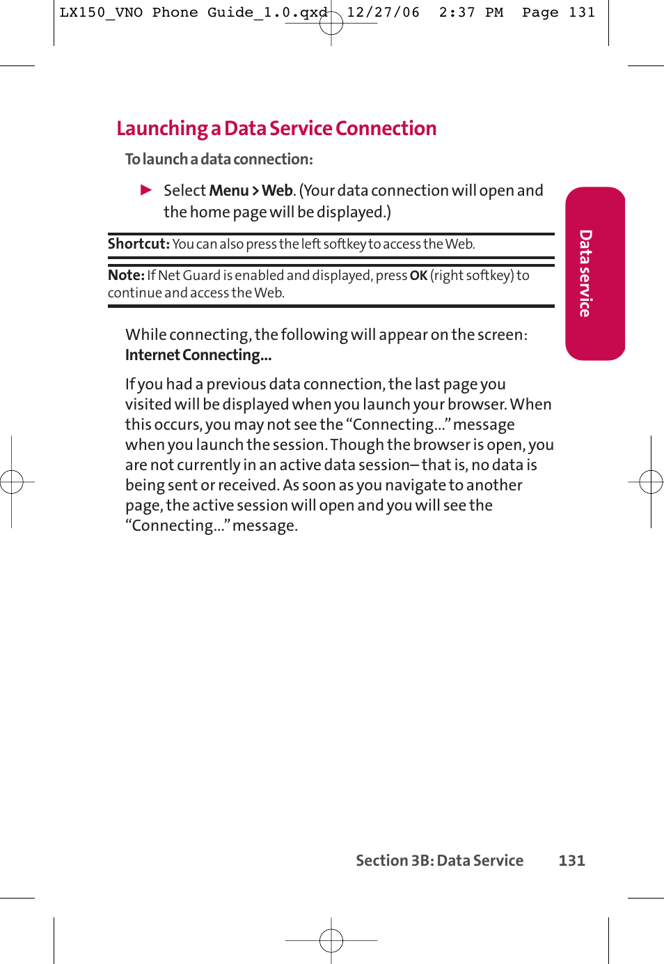 Launching a data service connection | LG LG150 User Manual | Page 143 / 174