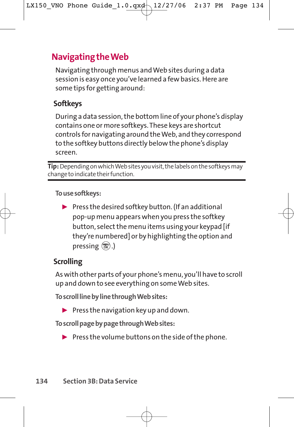 Navigating the web, Softkeys, Scrolling | LG LG150 User Manual | Page 146 / 174