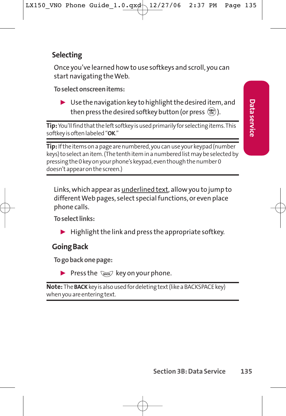 Selecting, Going back | LG LG150 User Manual | Page 147 / 174