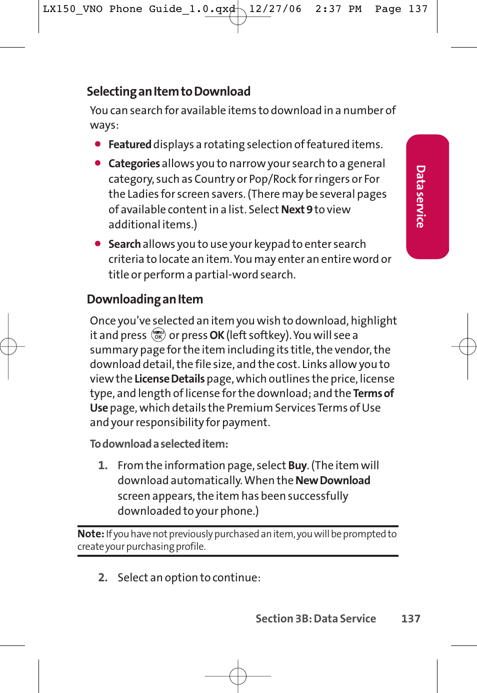 Selecting an item to download, Downloading an item | LG LG150 User Manual | Page 149 / 174