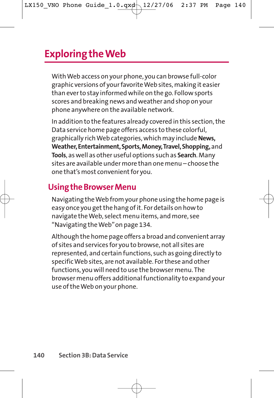 Exploring the web, Using the browser menu | LG LG150 User Manual | Page 152 / 174