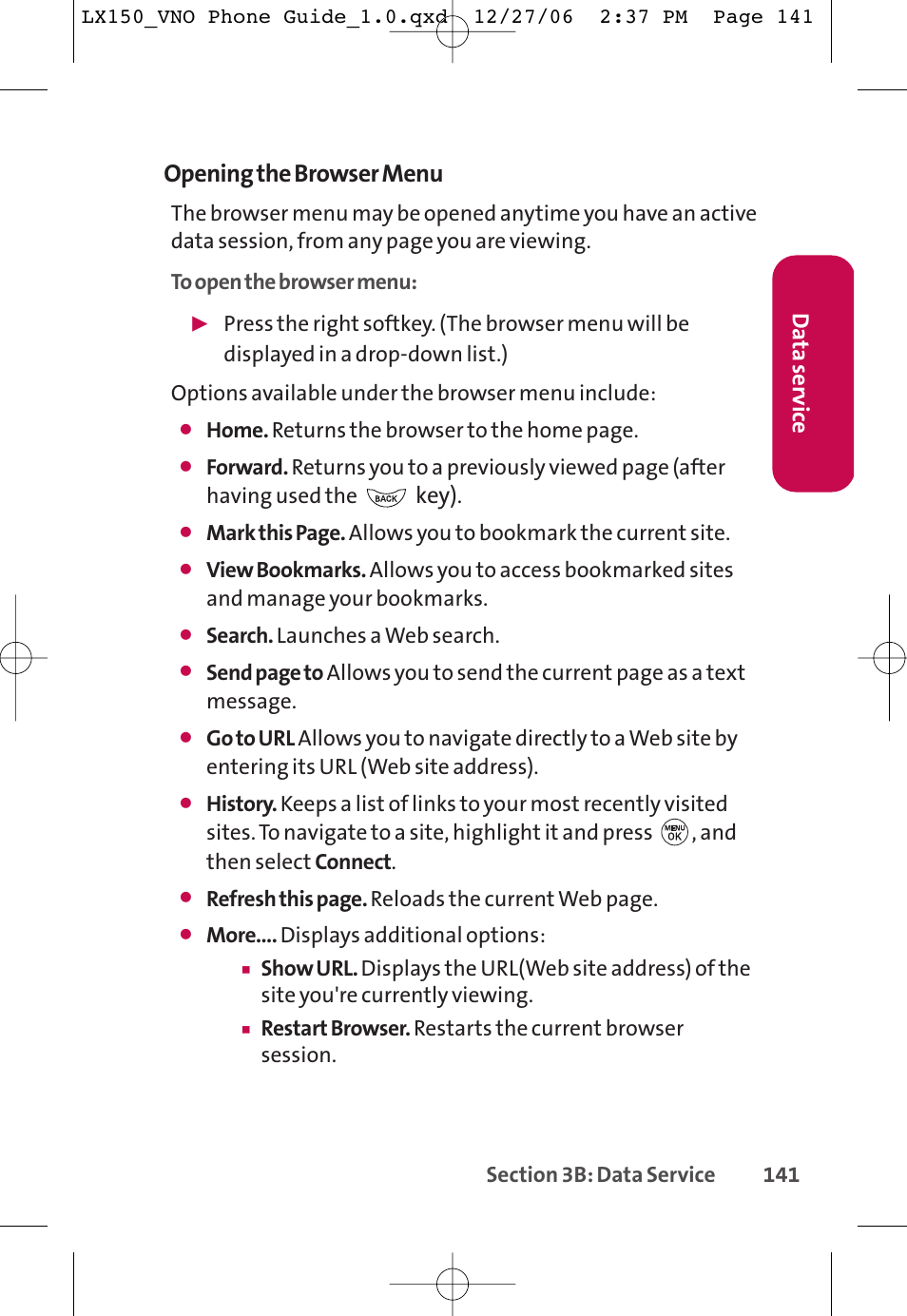 Opening the browser menu, Key), Da ta ser vice | LG LG150 User Manual | Page 153 / 174