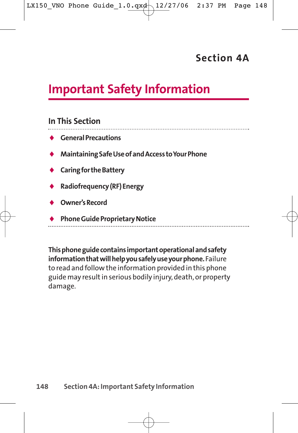 Important safety information | LG LG150 User Manual | Page 160 / 174