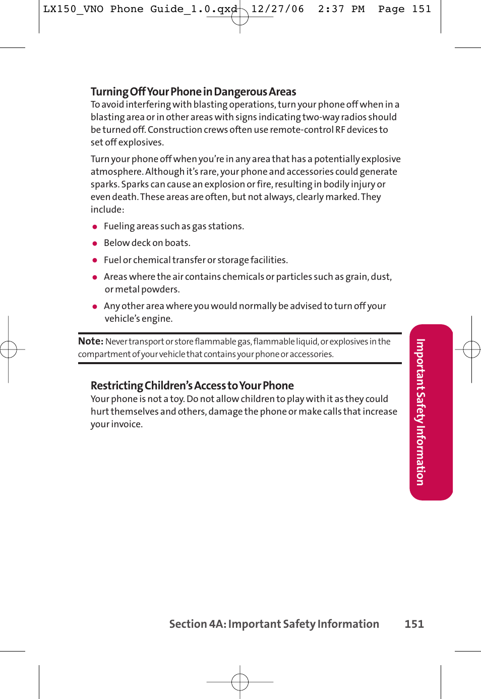 Restricting children’s access to your phone, Impor tan t saf ety inf orma tion | LG LG150 User Manual | Page 163 / 174