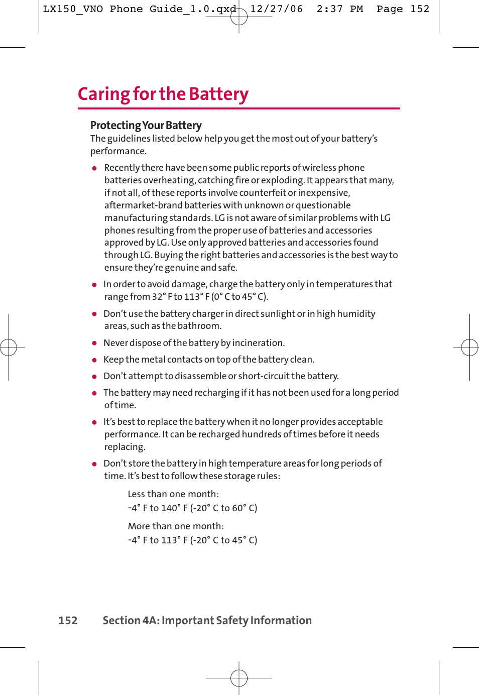 Caring for the battery, Protecting your battery | LG LG150 User Manual | Page 164 / 174