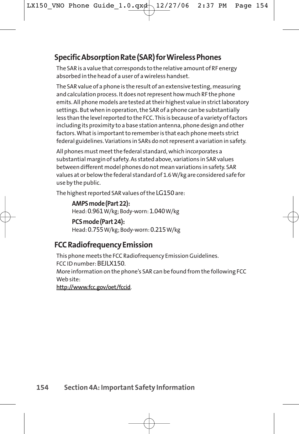 Specific absorption rate (sar) for wireless phones, Fcc radiofrequency emission | LG LG150 User Manual | Page 166 / 174