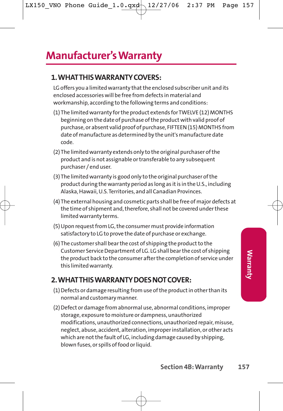 Manufacturer’s warranty, What this warranty covers, What this warranty does not cover | LG LG150 User Manual | Page 169 / 174