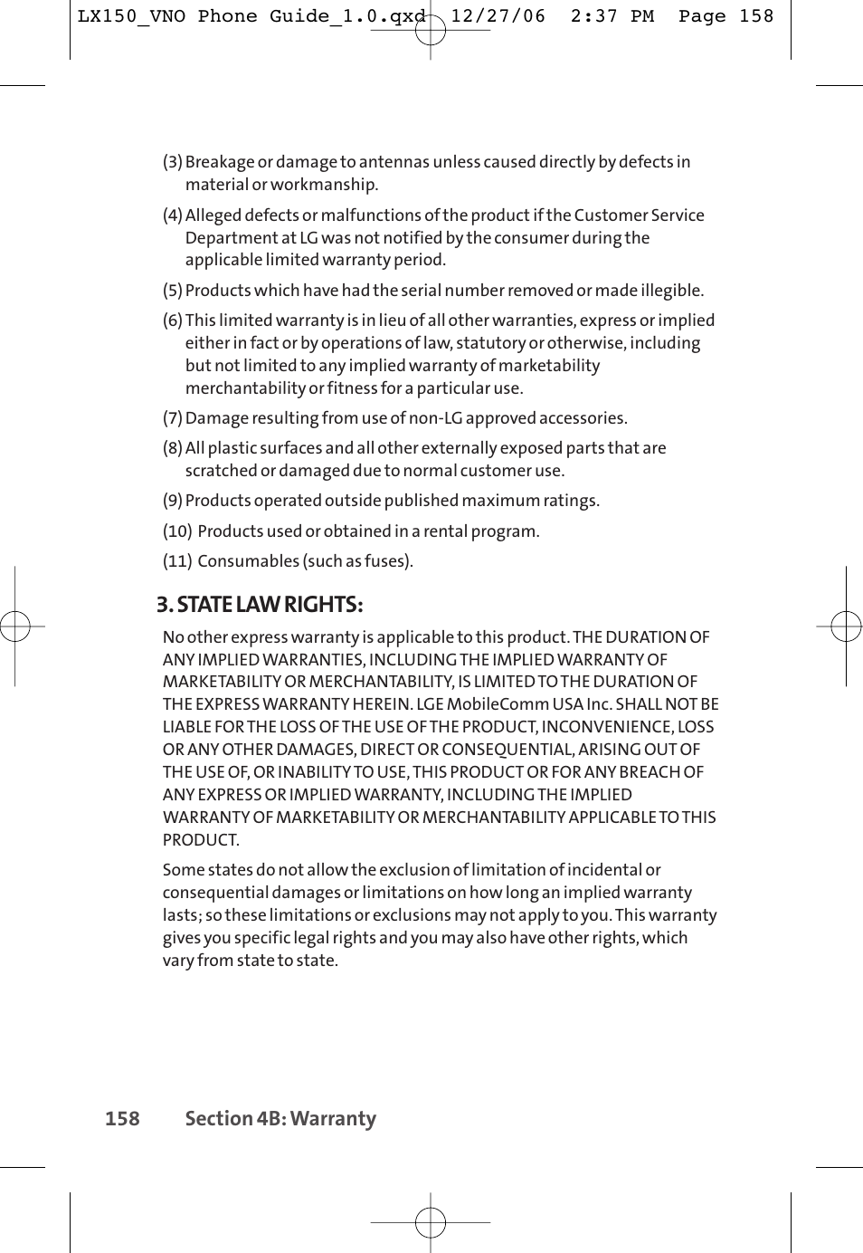 State law rights | LG LG150 User Manual | Page 170 / 174