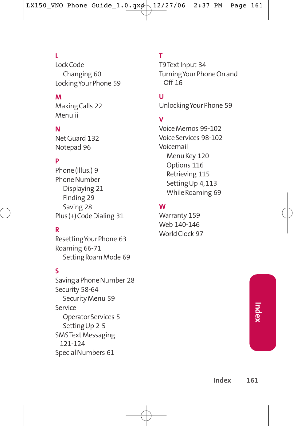 Inde x | LG LG150 User Manual | Page 173 / 174