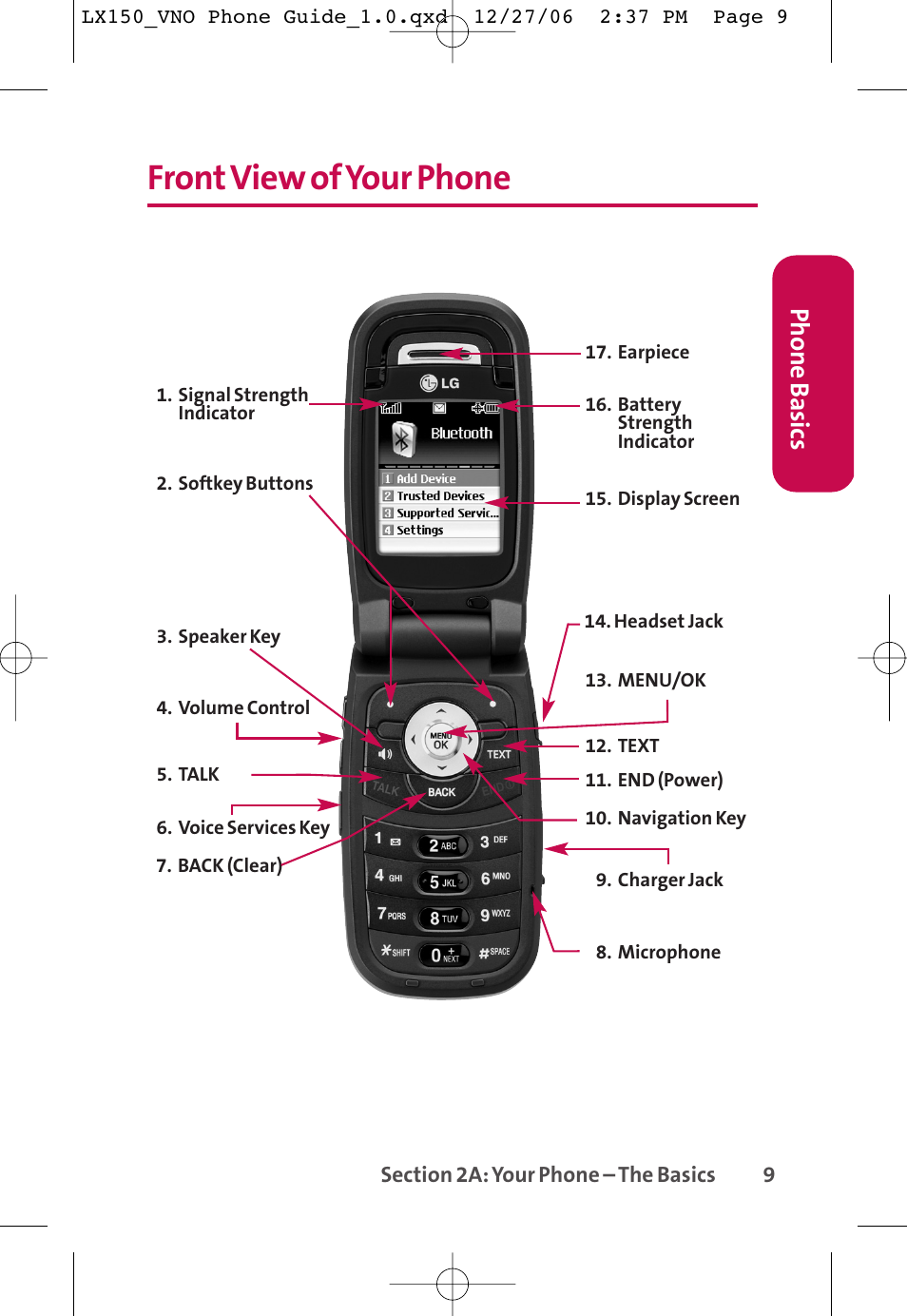 Front view of your phone, Phone basics | LG LG150 User Manual | Page 21 / 174