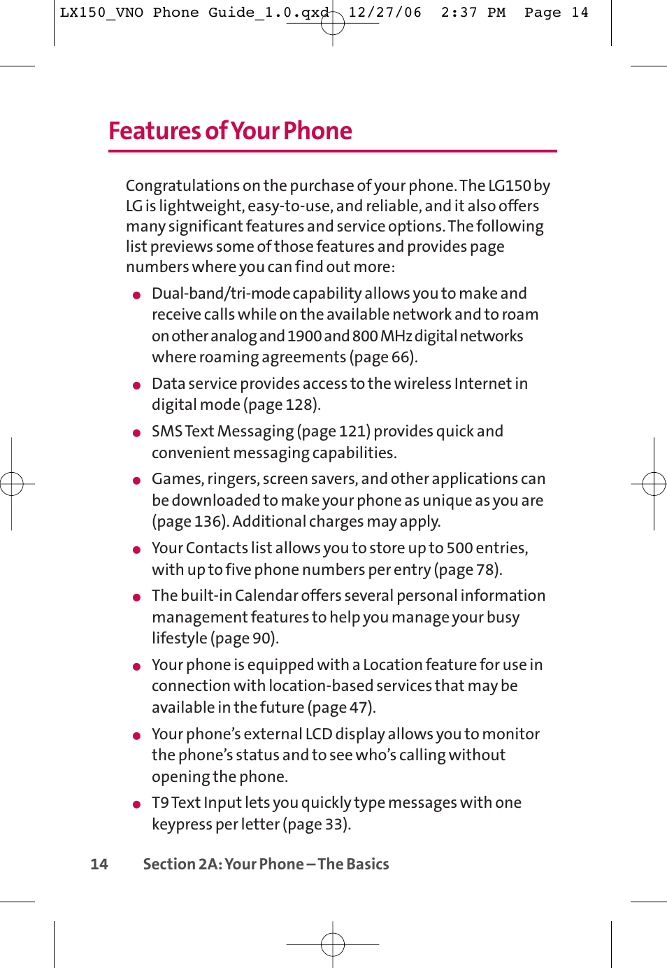 Features of your phone | LG LG150 User Manual | Page 26 / 174