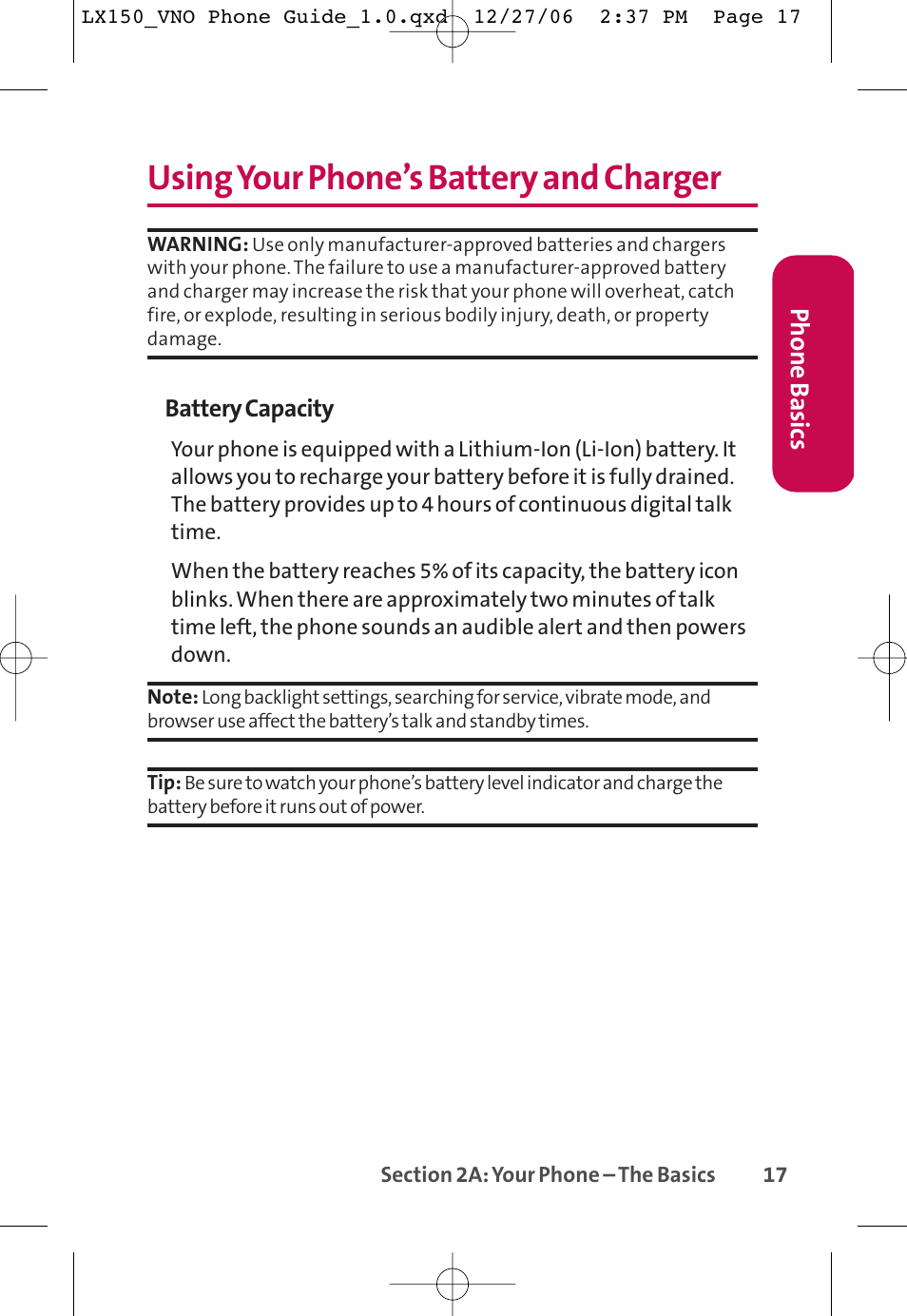 Using your phone’s battery and charger, Phone basics | LG LG150 User Manual | Page 29 / 174