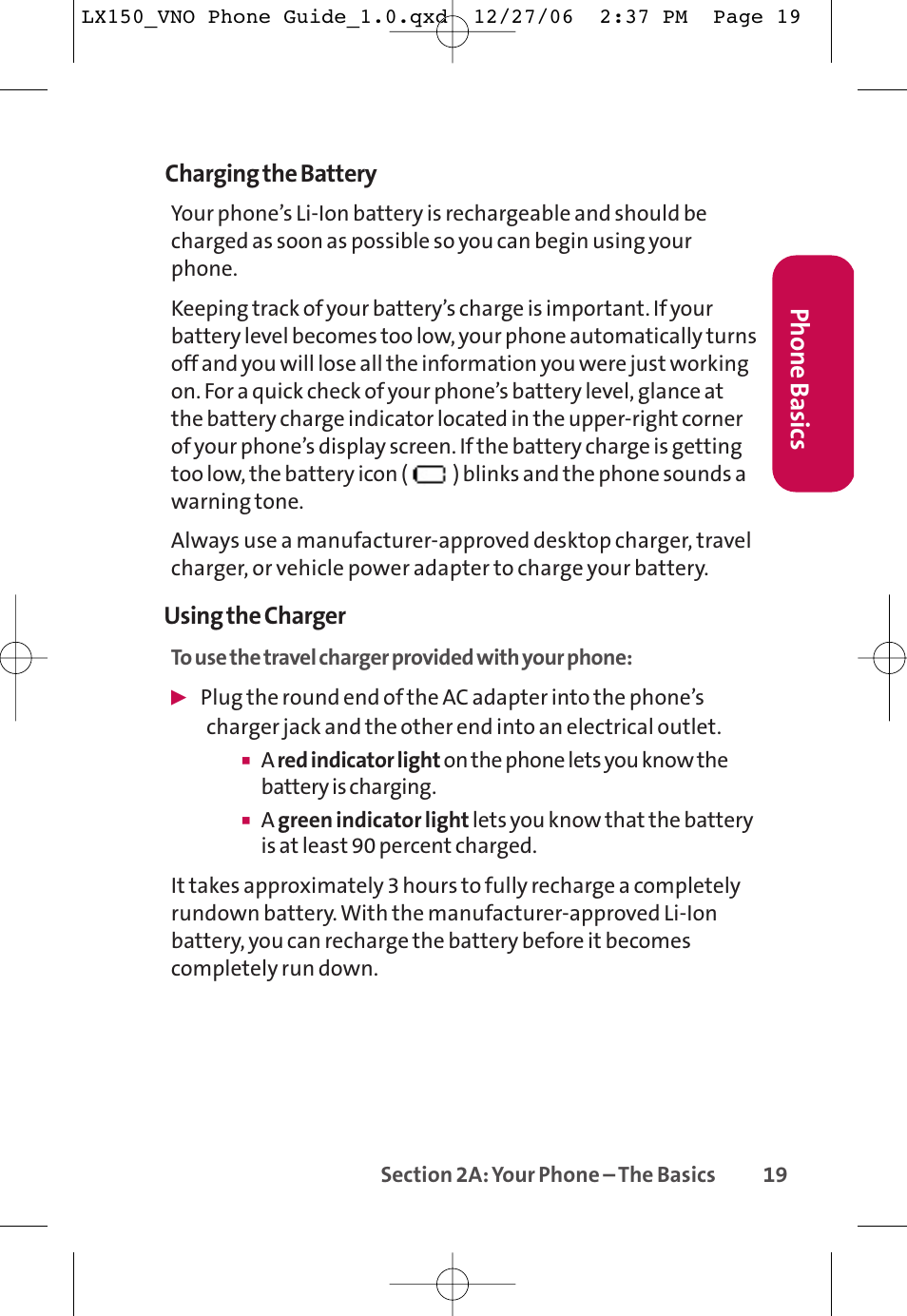 Phone basics, Charging the battery, Using the charger | LG LG150 User Manual | Page 31 / 174