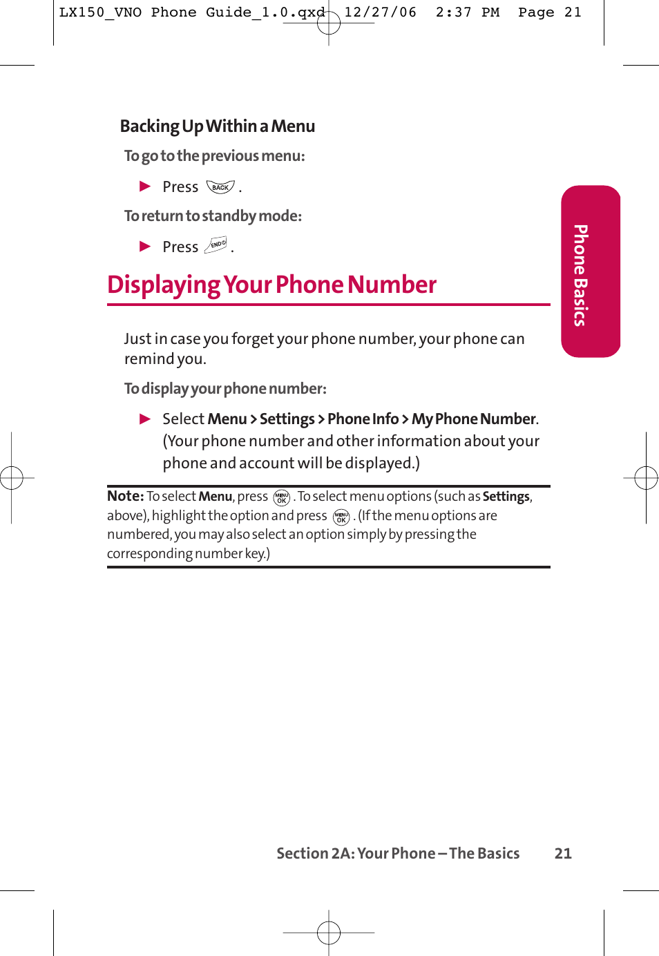 Displayingyour phone number, Phone basics, Backing up within a menu | LG LG150 User Manual | Page 33 / 174