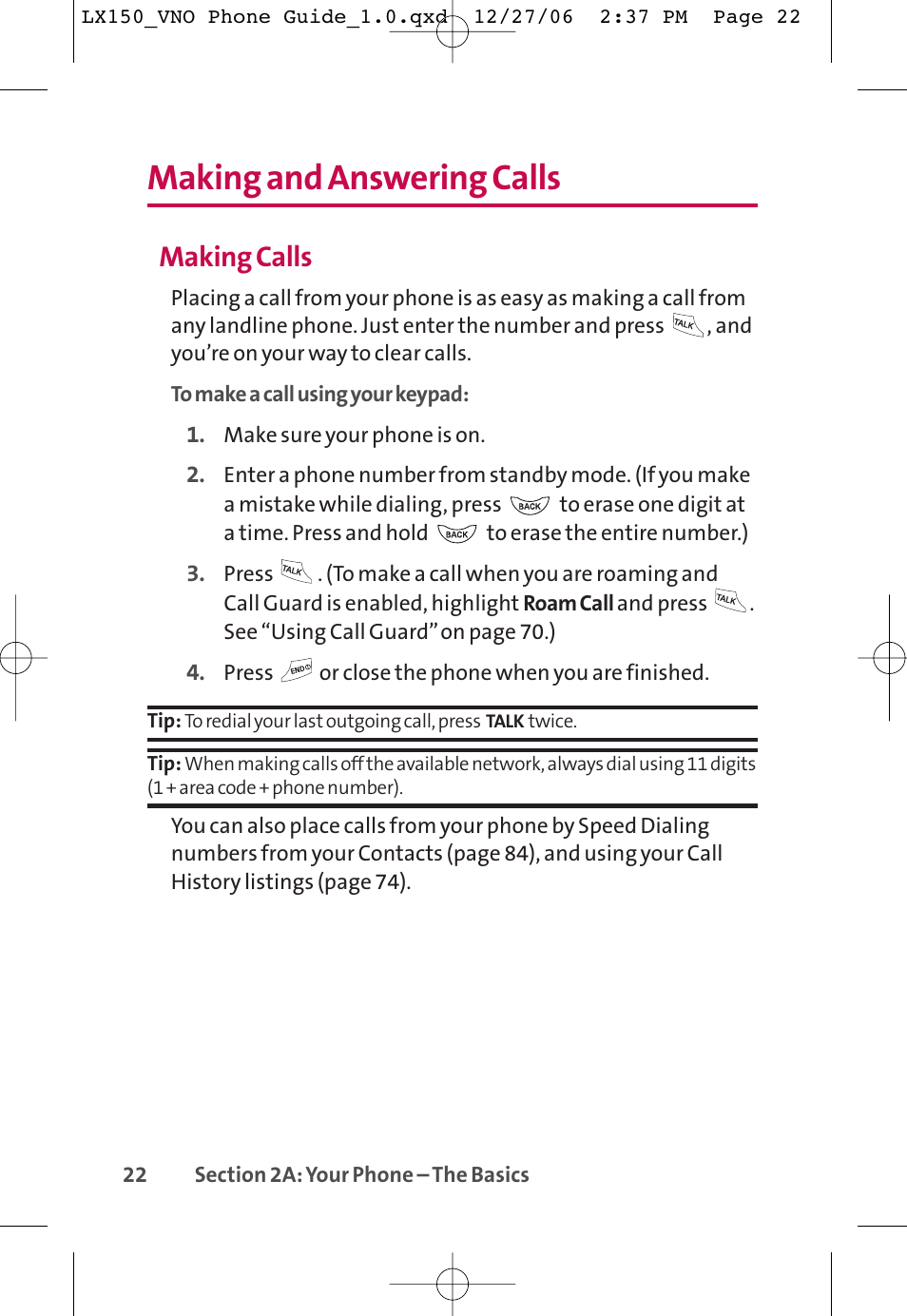 Making and answering calls, Making calls | LG LG150 User Manual | Page 34 / 174