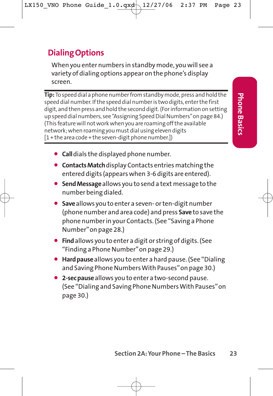 Dialing options, Phone basics | LG LG150 User Manual | Page 35 / 174