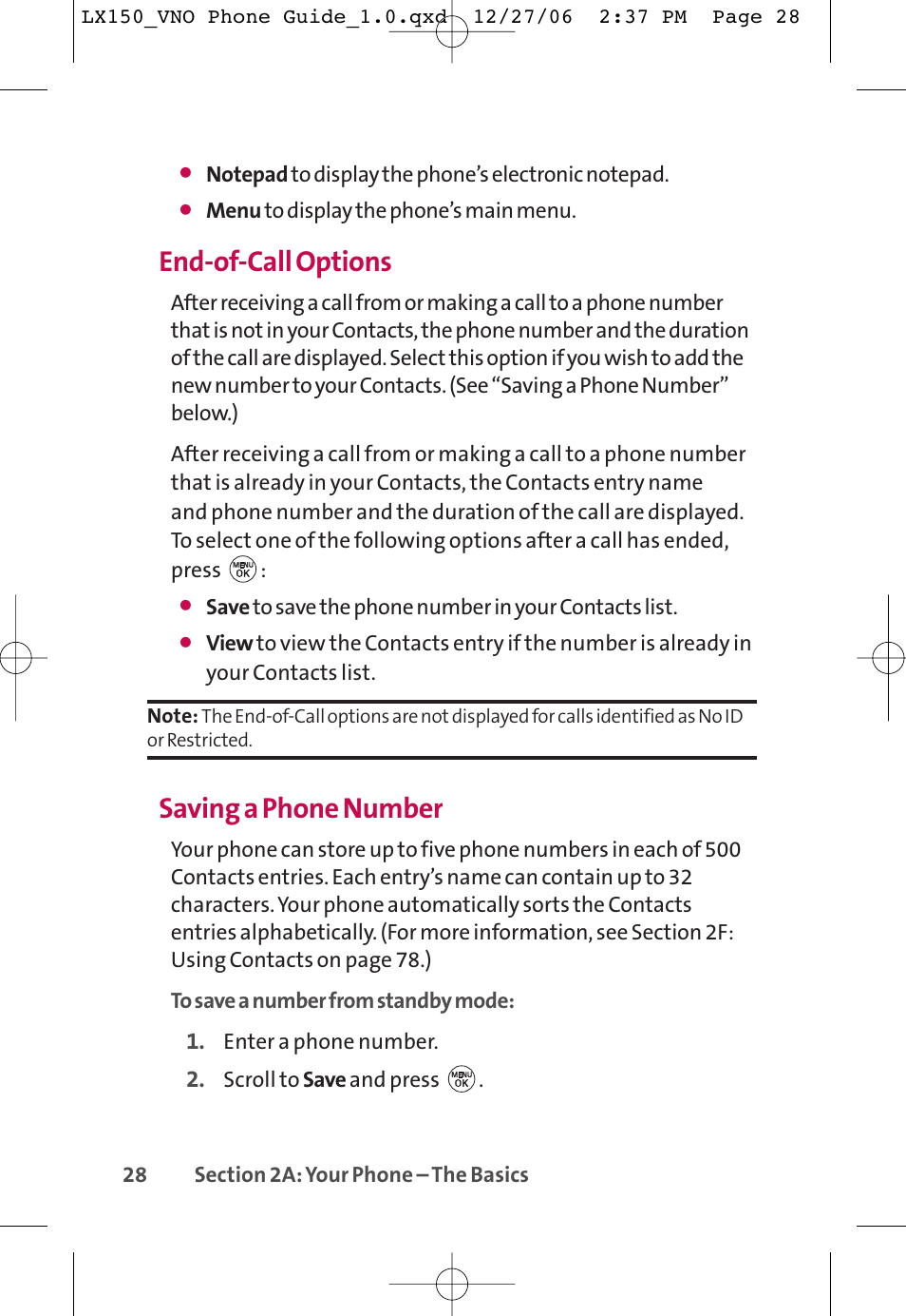 End-of-call options, Saving a phone number | LG LG150 User Manual | Page 40 / 174