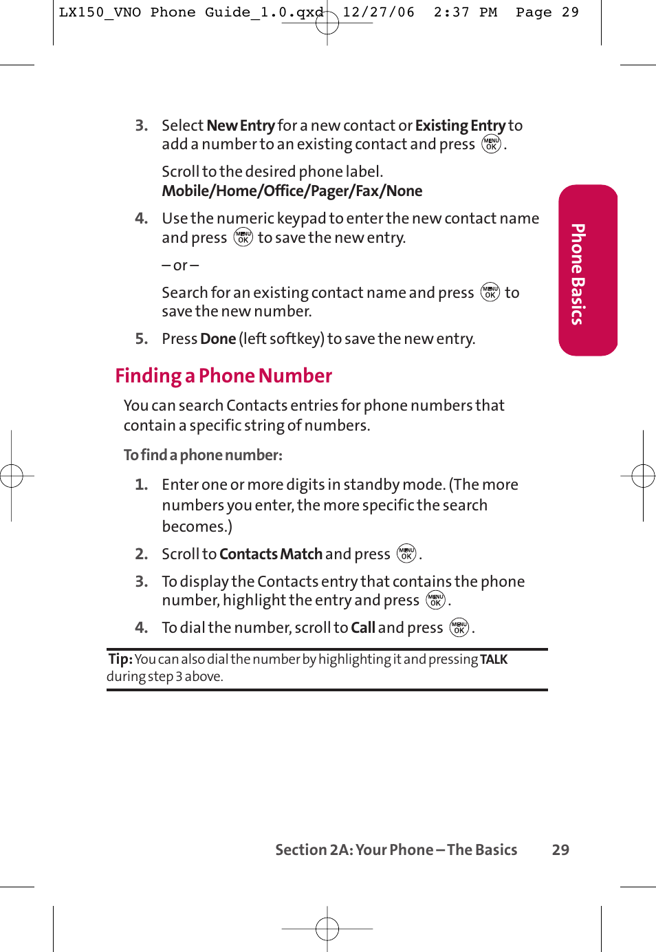 Finding a phone number, Phone basics | LG LG150 User Manual | Page 41 / 174