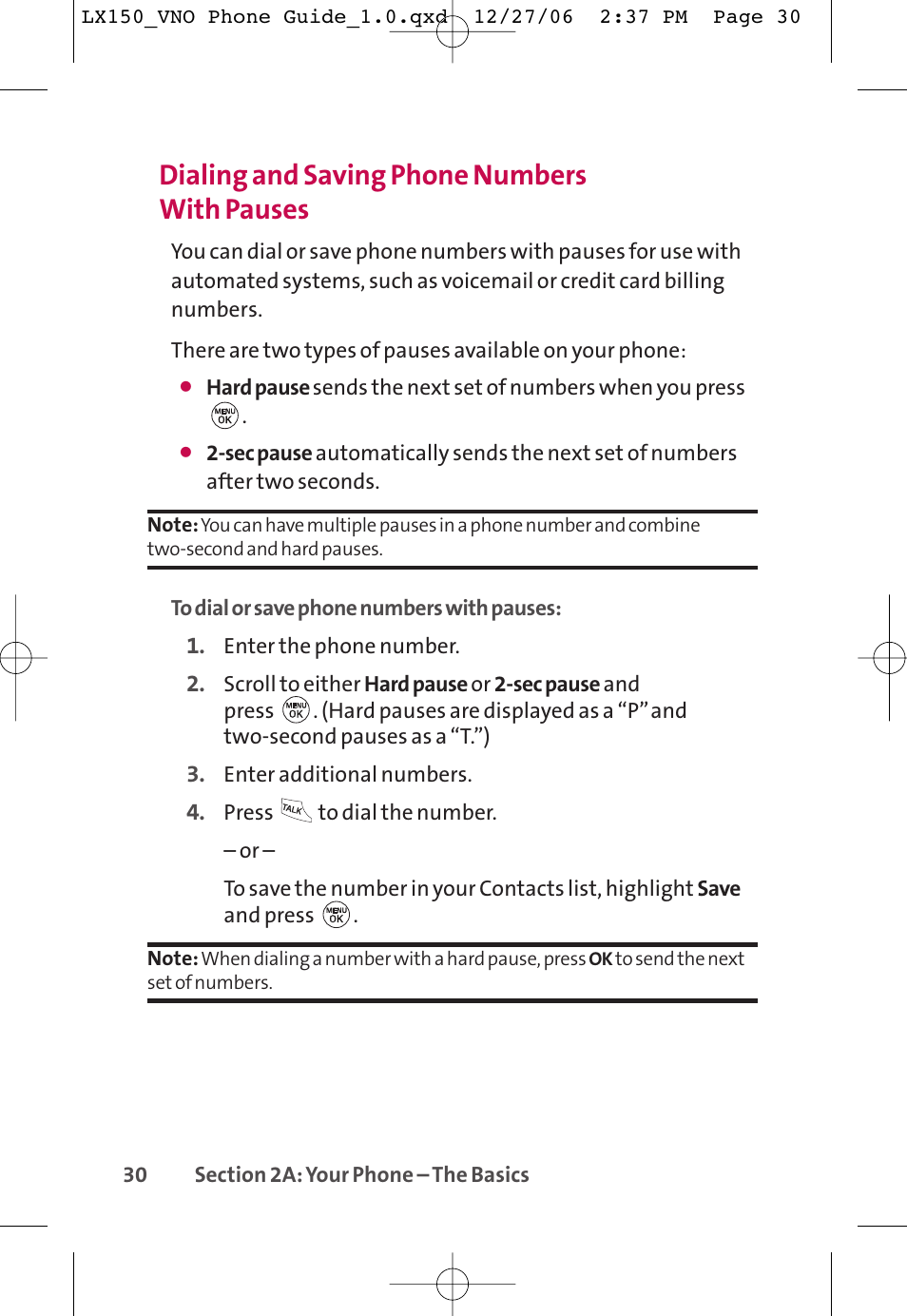 Dialing and saving phone numbers with pauses | LG LG150 User Manual | Page 42 / 174