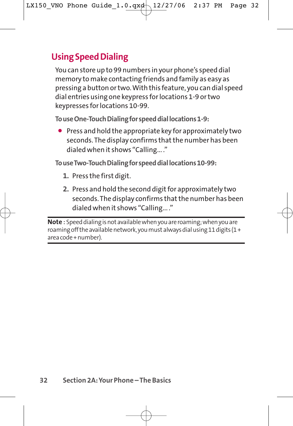 Using speed dialing | LG LG150 User Manual | Page 44 / 174