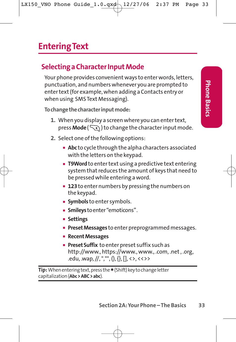 Entering text, Selecting a character input mode, Phone basics | LG LG150 User Manual | Page 45 / 174
